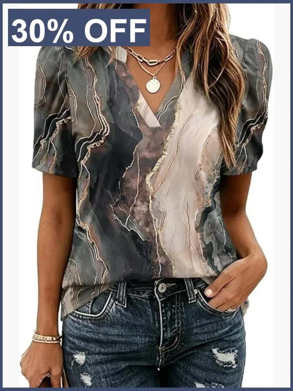 Puff Short Sleeve V Neck Blouse Dressy Casual Boho Floral Spring Shirt